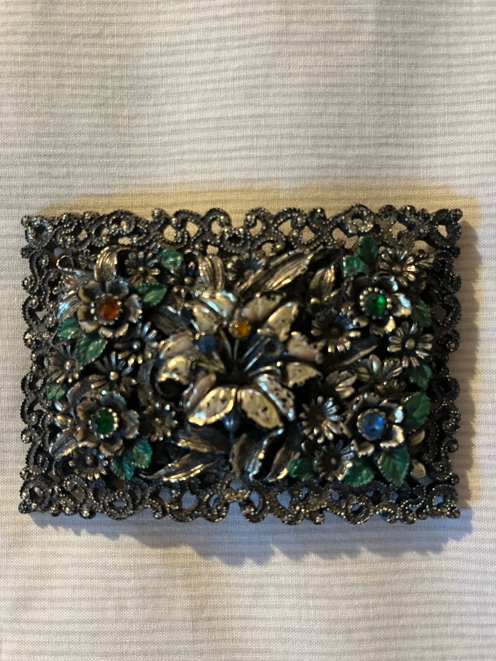 Vintage Floral Filigree Rectangle Belt Buckle - Gold with Green Accents